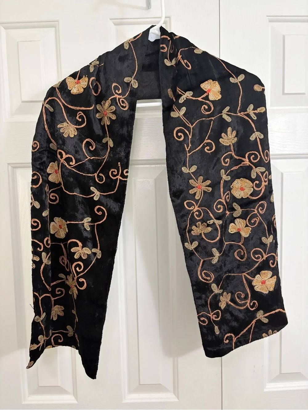 Alexis Crawford Flora Embroidered Black Velvet Whimsical Scarf
